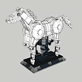 Silver Mechanical Horse Model With Detailed Metal Structure And Black Base