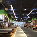 Modern Fitness Gym Interior With Treadmills Dumbbells Green Plants And Ceiling Lights