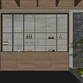 Modern Wine Cabinet With Glass Partitions Wooden Base Bottles Rock Wall And Green Plants