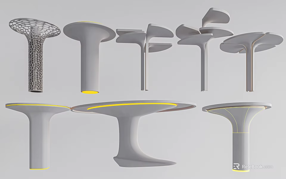 Various Modern Columns with Streamlined Shapes and Yellow Accent Lines on Top Platforms 3d model