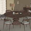Modern Round Wooden Dining Table Set With Six Chairs Cabinet Floor Lamp And Potted Plant