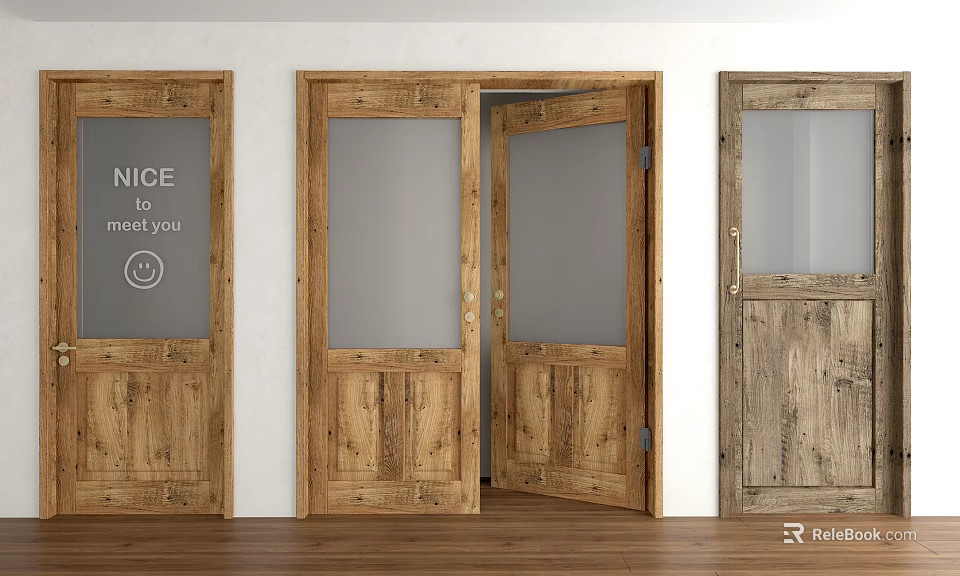 Wooden Hinged Doors With Glass Panels One Open Rustic Interior Home Design 3d model 