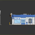 Burger Restaurant Building Featuring Blue Roof White Striped Awnings Outdoor Burger Sign And Yellow Bollards