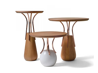 Modern Round Tables With Wooden Tabletops Metal Frames And White Spherical Base 3d model
