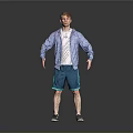 Man Standing Against Gray Background With Blue Shirt Open White T-Shirt Blue Shorts Gray Sneakers