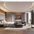 Modern Hotel Guest Room Interior With Bed Wardrobe Sofa Circular Ceiling Lights And Large Windows 3d model