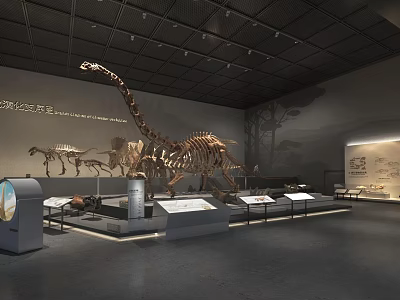Dinosaur Skeleton Exhibition At Cultural Center With Display Cases And Wall Murals 3d model