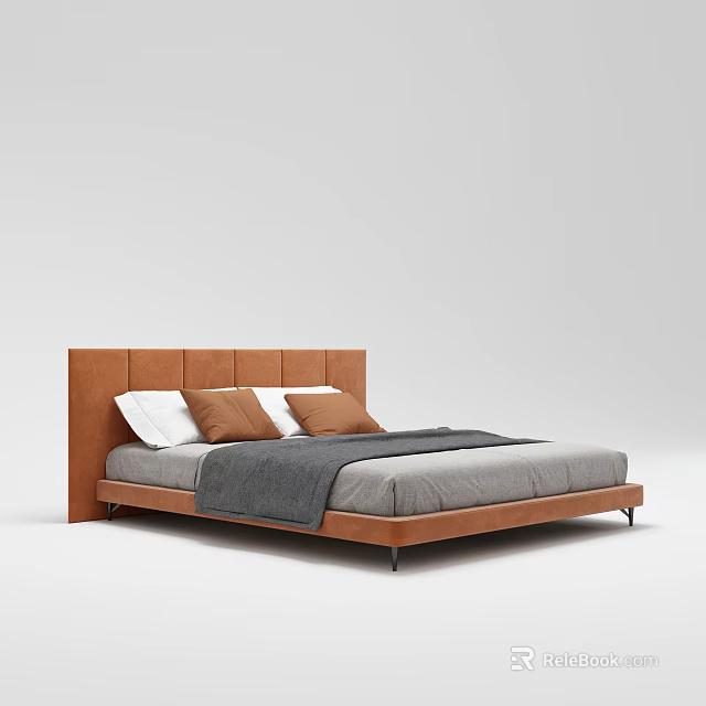 Modern Double Bed Featuring Brown Headboard White Brown Pillows And Gray Blanket 3d model