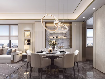 Elegant Modern Restaurant Interior With Round Dining Table Beige Chairs Circular Chandelier And Marble Wall 3d model