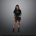 Woman in Black CHAOS T Shirt Black Shorts Fishnet Stockings Black Boots on Grey Background