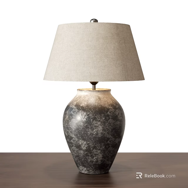 Table Lamp With Beige Fabric Lampshade And Gray Black Textured Ceramic Base On Wooden Table 3d model 