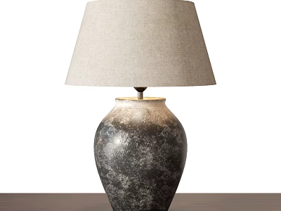Table Lamp With Beige Fabric Lampshade And Gray Black Textured Ceramic Base On Wooden Table 3d model