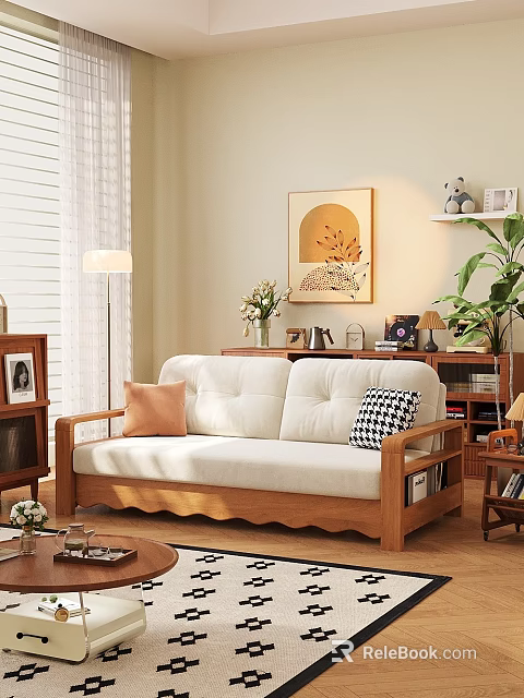 Cozy Modern Sofa Combination With Wooden Frame White Upholstery Decorative Pillows And Wall Art 3d model 