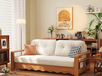 Cozy Modern Sofa Combination With Wooden Frame White Upholstery Decorative Pillows And Wall Art 3d model