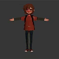 3D Game Movie Character With Brown Hair Blue Eyes Red Shirt Black Backpack Blue Pants