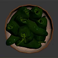 Fresh Ripe Green Bell Peppers with Stems in Rustic Brown Ceramic Bowl