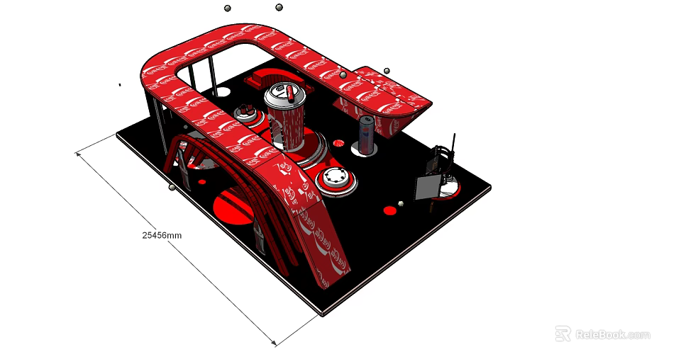 Coca Cola Exhibition Booth With Red Black Design And Cylindrical Display Setup 3d model