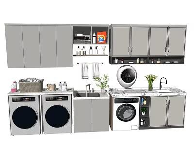 Bathroom Cabinet Frame With Washing Machine Dryer Sink Storage And Decorative Plants 3d model