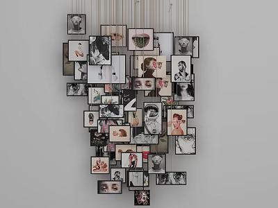 Creative Photo Wall with Collection of Various Sizes Black and White and Color Photos Hanging 3d model