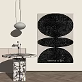 Artwork with Three Black Oval Shapes on Light Background Pendant Light and Marble Side Table 3d model