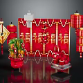 Traditional Chinese Spring Festival Decor With Red Lanterns Fu Characters Potted Plants And Red Boxes