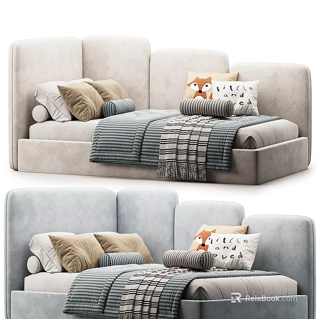Cozy Light Colored Sofa Bed With Patterned Pillows And Striped Blanket 3d model 