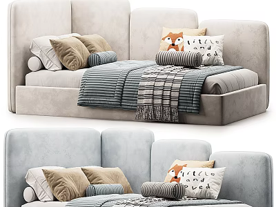 Cozy Light Colored Sofa Bed With Patterned Pillows And Striped Blanket 3d model