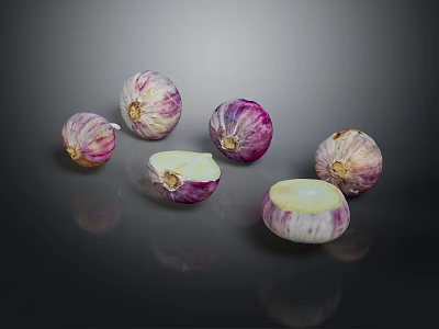 Fresh Purple And White Onions Whole And Halved On Black Background 3d model