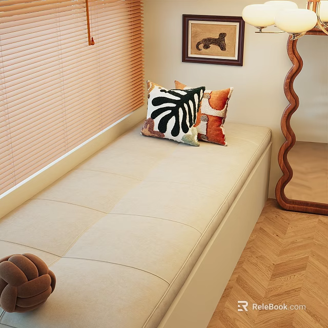 Cozy Window Seat With Decorative Pillows Wooden Blinds And Herringbone Floor 3d model 