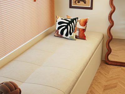 Cozy Window Seat With Decorative Pillows Wooden Blinds And Herringbone Floor 3d model