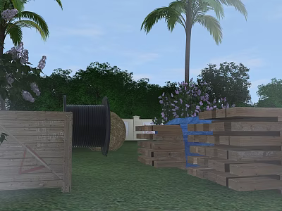 Garden Landscape With Palm Trees Purple Flowers Bushes Wooden Crates And Green Lawn 3d model