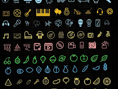 Colorful Line Style Icons Including Music Food And Daily Items On Black Background 3d model