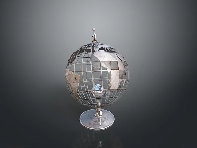 Modern Metal Globe With Wireframe Structure And Reflective Surface On Round Base 3d model