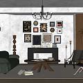 Cozy Living Room Interior With Green Sofa Fireplace Chandelier And Framed Artworks On Wall
