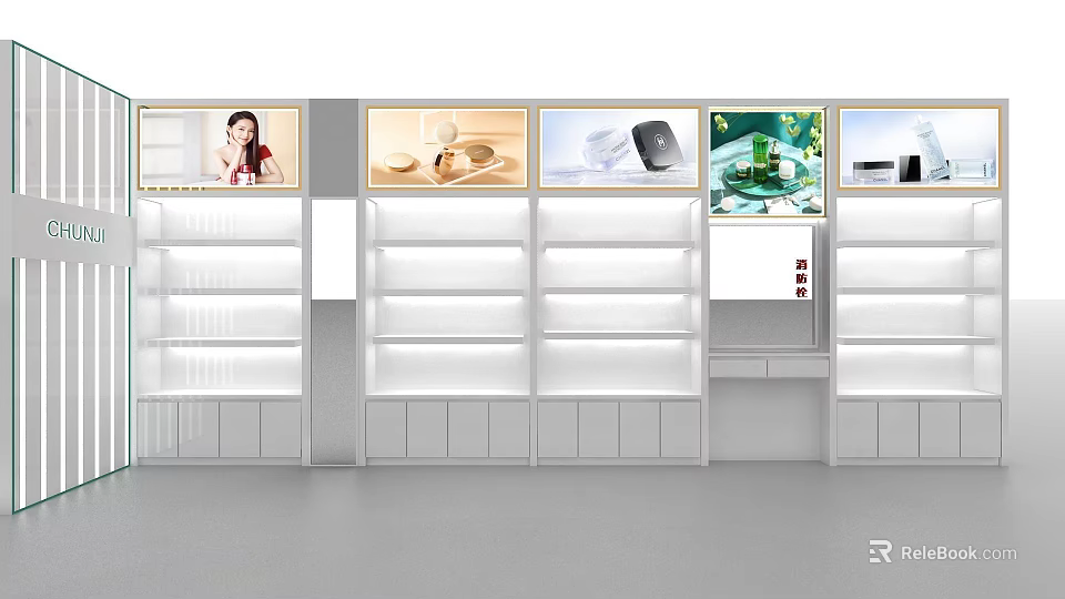 White Retail Display Shelves With Multiple Compartments And Product 3d model