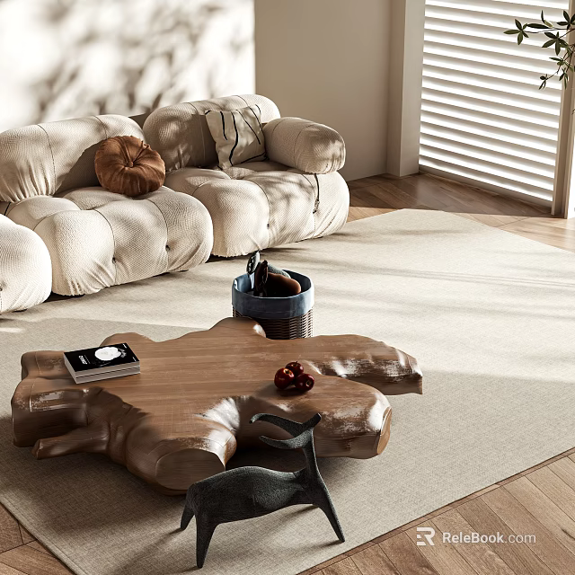 Natural Wooden Tree Stump Coffee Table With Sofa Rug And Decorative Items On Top 3d model 