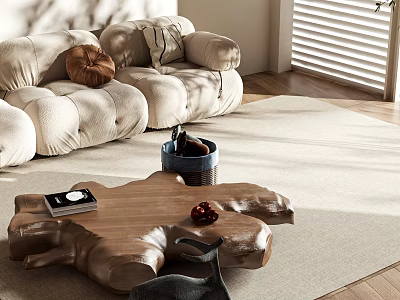 Natural Wooden Tree Stump Coffee Table With Sofa Rug And Decorative Items On Top 3d model