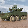 Green 8 Wheeled Military Tactical Vehicle With Weapon System And Radar In Desert Terrain