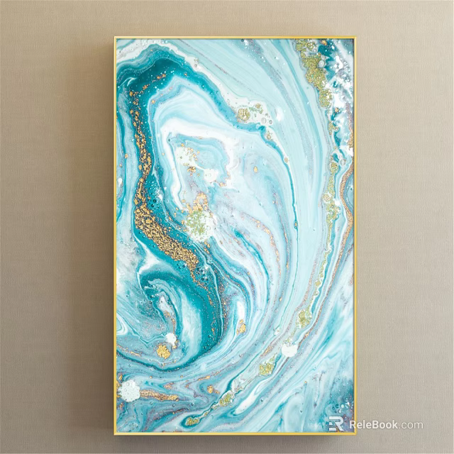 Abstract Painting With Blue White Gold Marble Like Fluid Patterns And Gold Accents 3d model 