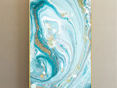 Abstract Painting With Blue White Gold Marble Like Fluid Patterns And Gold Accents 3d model