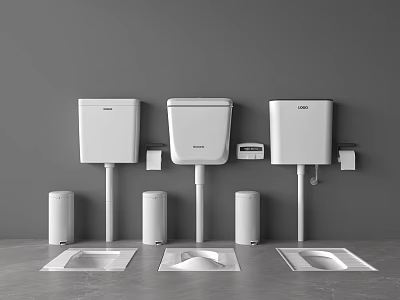 Squat Toilets With Wall Mounted Water Tanks And Side Cylindrical Accessories On Grey Background 3d model