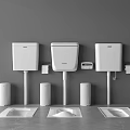 Squat Toilets With Wall Mounted Water Tanks And Side Cylindrical Accessories On Grey Background