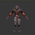 Fierce Mythical Game Character With Wolf Head Flaming Arms And Striped Pants