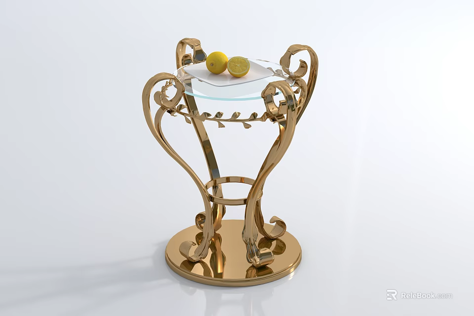 Golden Ornate Metal Side Table with Glass Top and Yellow Lemons 3d model 