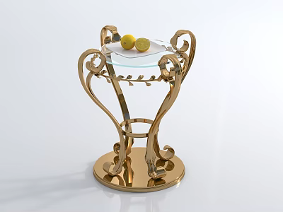 Golden Ornate Metal Side Table with Glass Top and Yellow Lemons 3d model