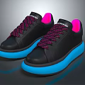 Black Sneakers With Pink And Purple Laces And Blue Thick Soles