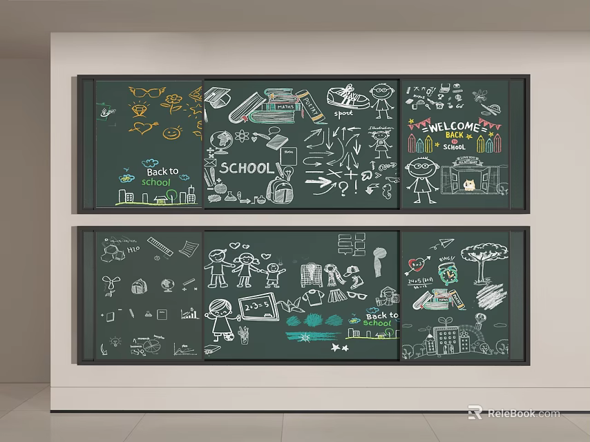 Green Chalkboard Wall with Hand Drawn Illustrations Cartoon Characters and Text in Two Sections 3d model 