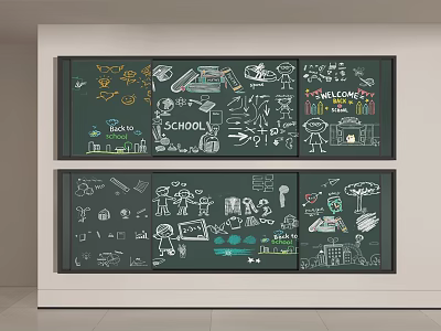 Green Chalkboard Wall with Hand Drawn Illustrations Cartoon Characters and Text in Two Sections 3d model