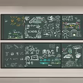 Green Chalkboard Wall with Hand Drawn Illustrations Cartoon Characters and Text in Two Sections