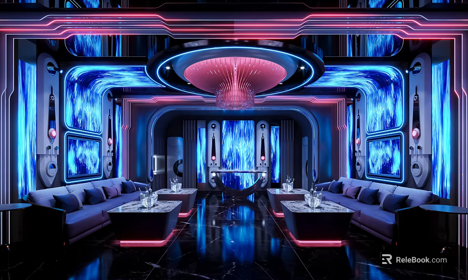 Luxurious KTV Lounge With Neon Lights Blue Wall Decor And Comfortable Seating 3d model 